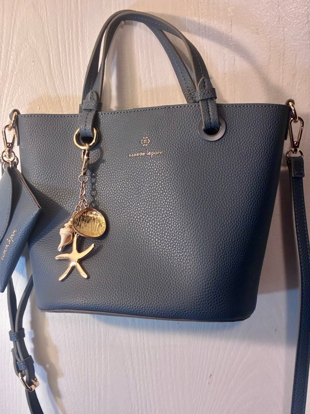 Nanette Lepore Navy Pebbled Leather Tote with Gold Charm